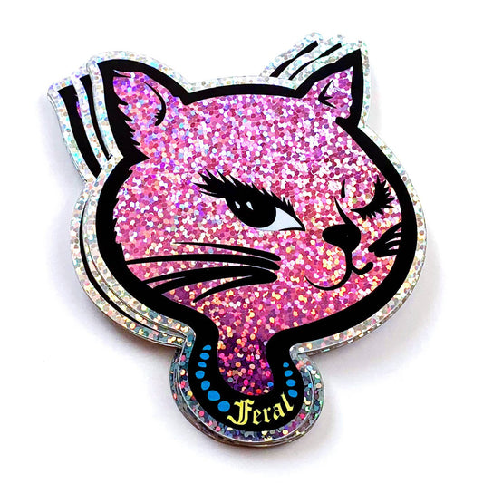 Krystan Saint Cat - Feral 90s Winking Sassy Cat Holographic Glitter Sticker