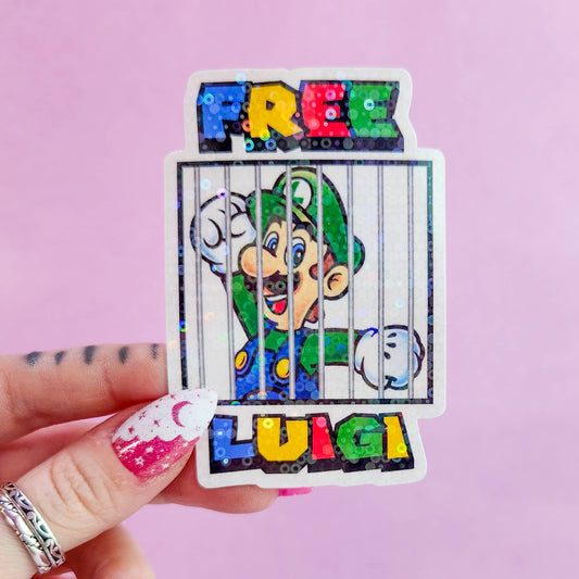 Pretty Rude Things - Free Luigi Waterproof Holographic Sticker 2.2 x 3.3 in.