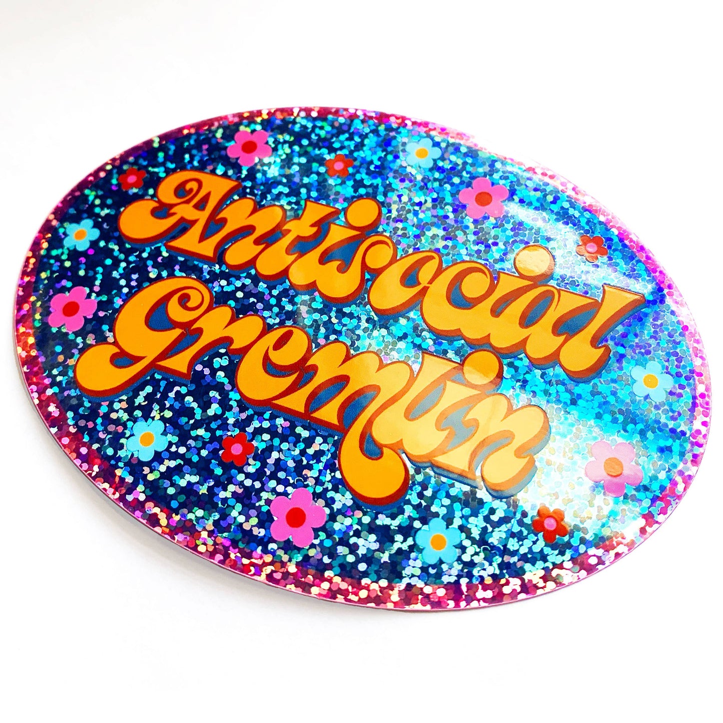 Krystan Saint Cat - Antisocial Gremlin Retro Oval Holographic Glitter Sticker