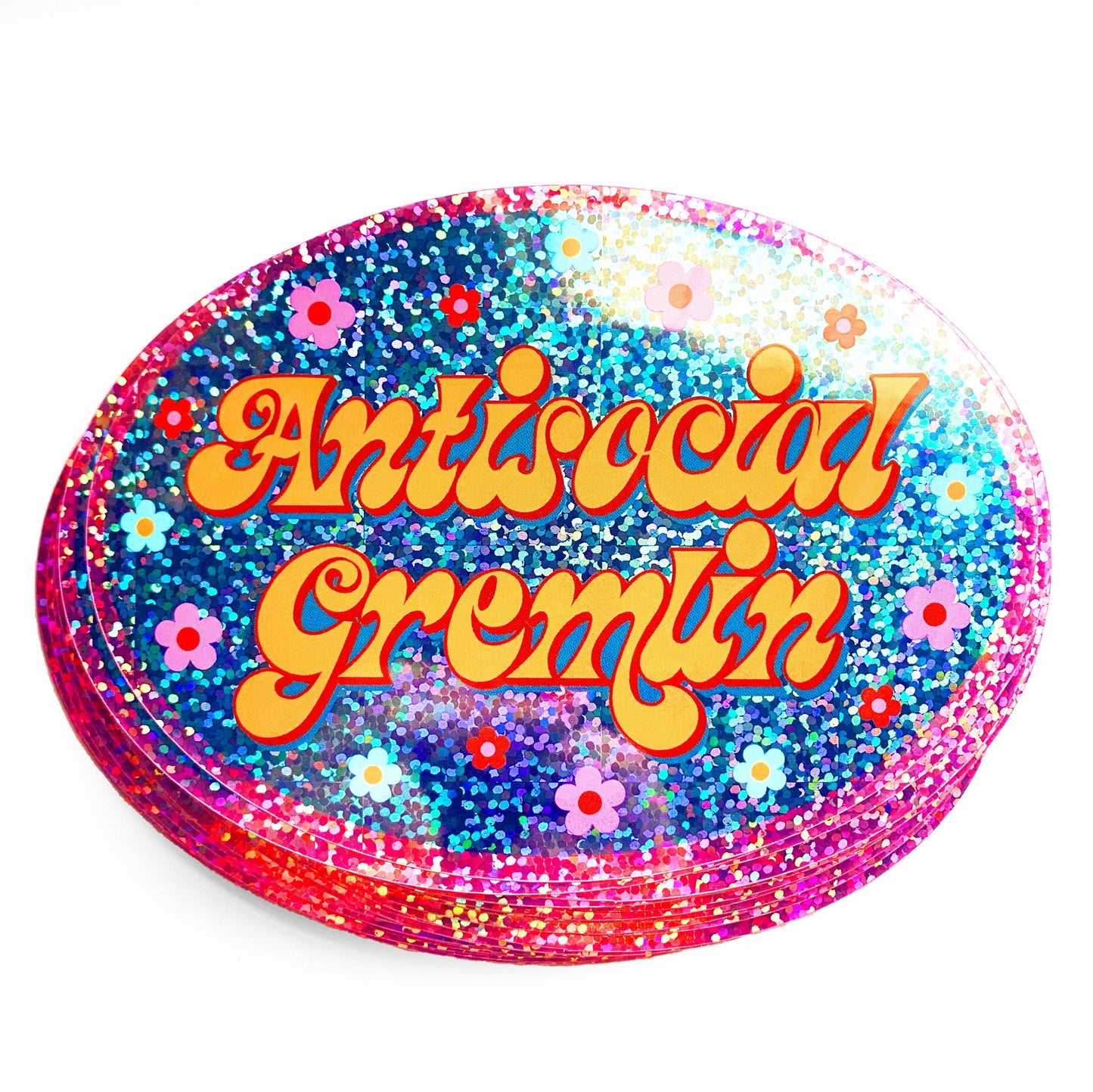 Krystan Saint Cat - Antisocial Gremlin Retro Oval Holographic Glitter Sticker