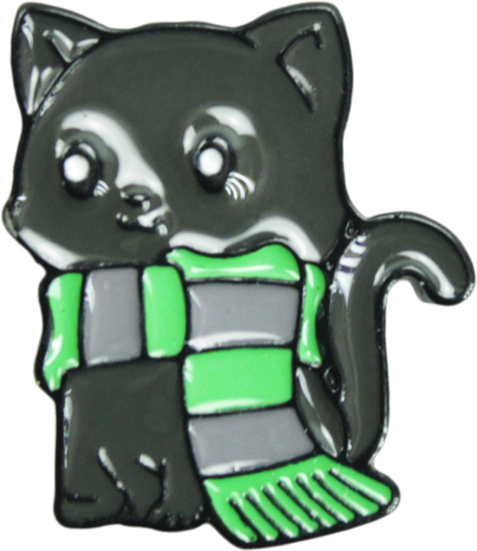 Enamel Pin - Cat - Dark Gray With A Green And Grey Scarf